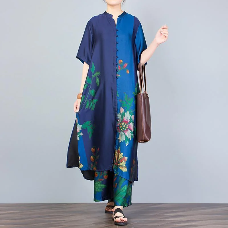Must-Have Deals Inside!Must-Have Deals Inside!Women Blue Stand Collar Blouse And Wide Leg Pants Two Pieces Must-Have Deals Inside!Must-Have Deals Inside!Women Blue Stand Collar Blouse And Wide Leg Pants Two Pieces