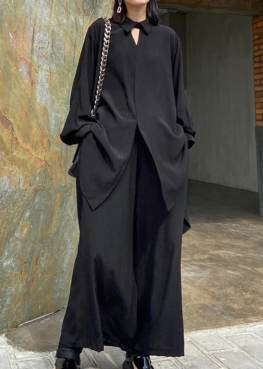 Exclusive Offers You’ll Love!Exclusive Offers You’ll Love!Suit large black long sleeve shirt wide leg pants two piece set