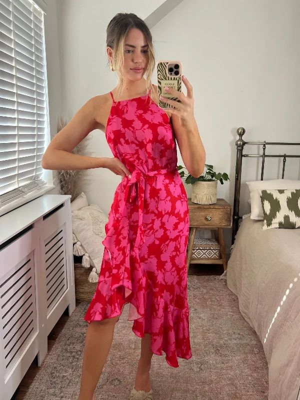 Ariana Halter Frill Dress / Pink Floral Print