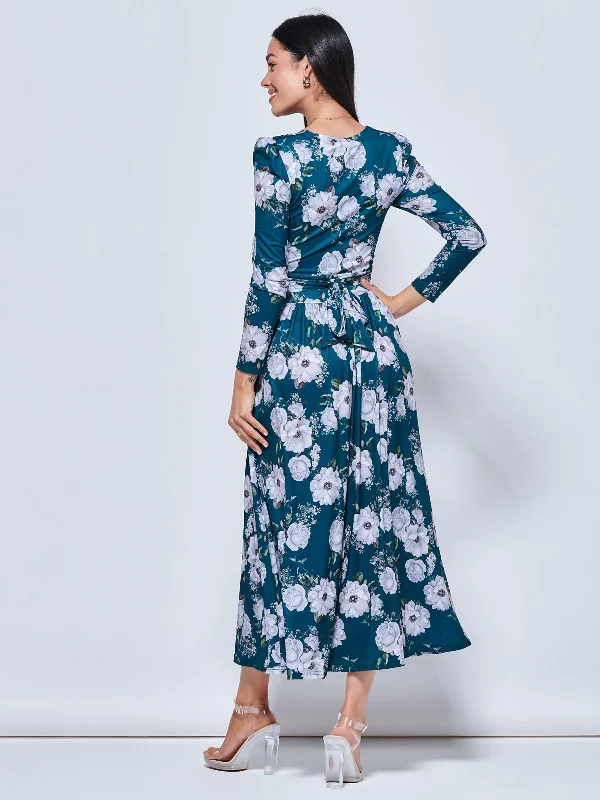 Devorah Printed Jersey Long Sleeve Maxi, Green Floral