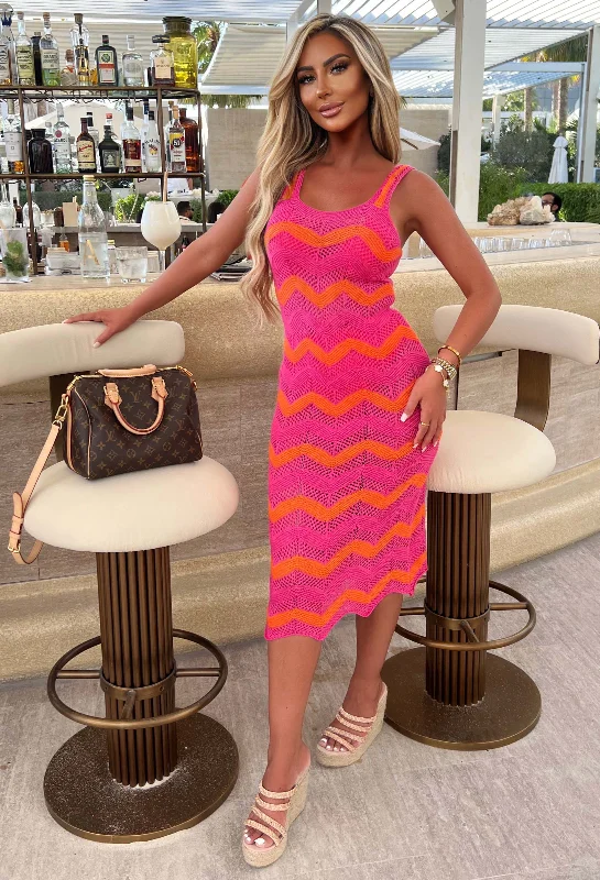 Heatwaves Hot Pink Zig Zag Cami Knitted Midi Dress