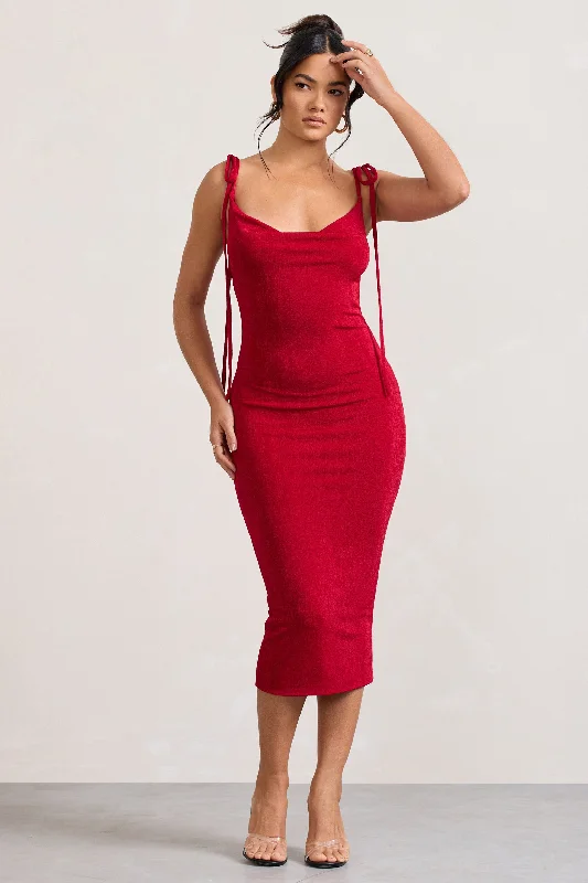 Irina | Red Cowl-Neck Bodycon Midi Dress