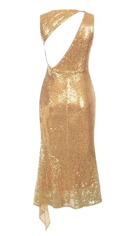 SEQUIN BODYCON MIDI DRESS IN GOLD