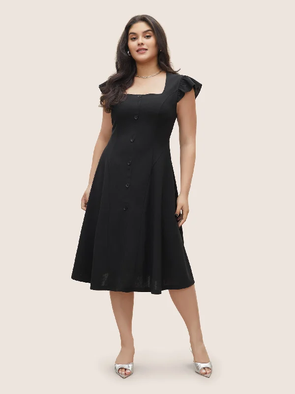 Solid Ruffle Cap Sleeve Button Detail Dress