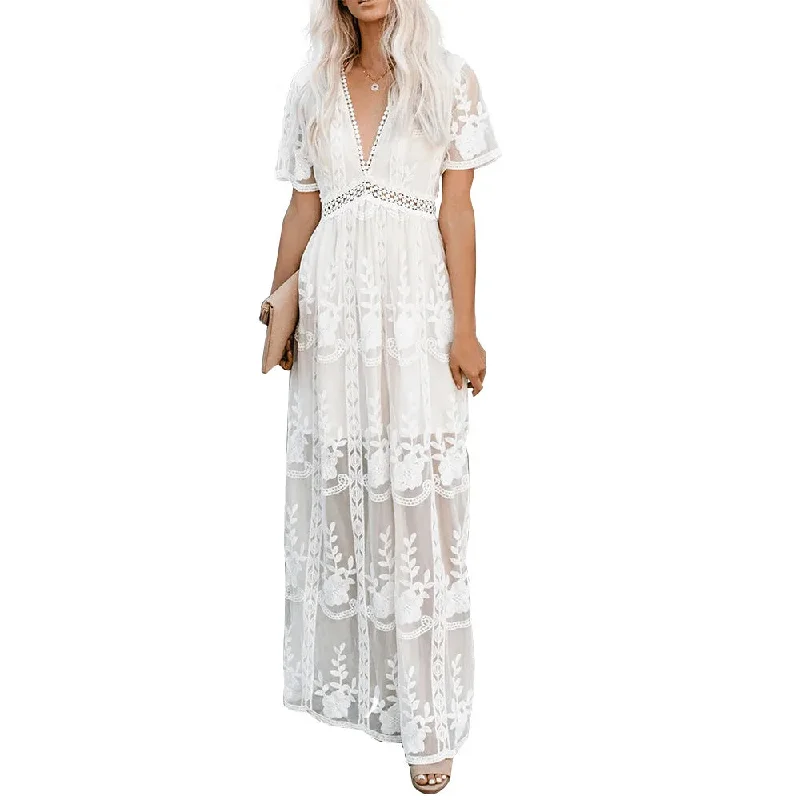 FashionSierra-Lace Maxi  Women  Vintage  White  Deep V Neck  Long  Summer  Elegant  Floral Embroidery  Robe  Beach  Vestidos Boho Dress