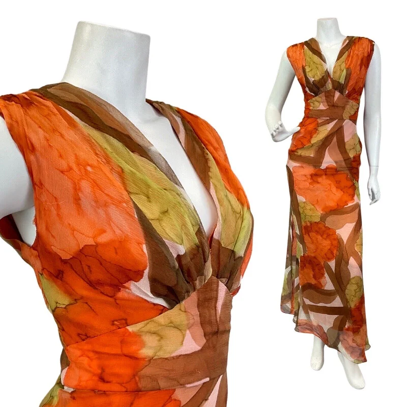 VINTAGE 60s 70s ORANGE BROWN GREEN PSYCHEDELIC ABSTRACT SUMMER MAXI DRESS 10