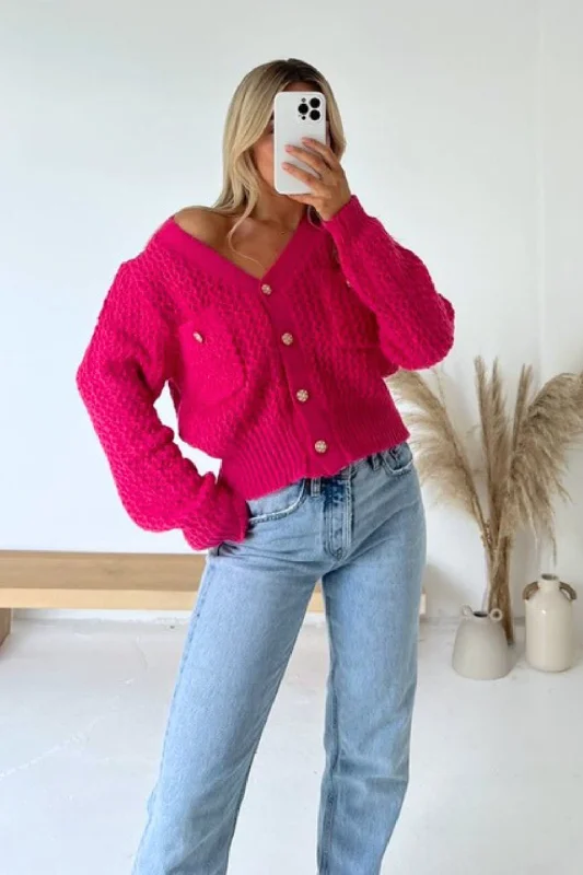 Beth hot pink loose knit cardigan with gold buttons