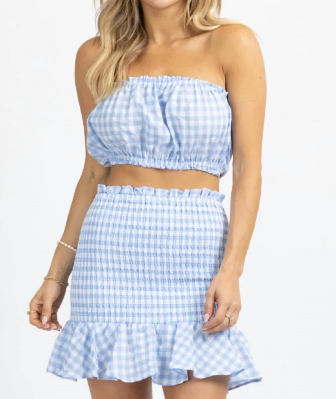 Gingham Smocked Skirt Set In Sky Blue