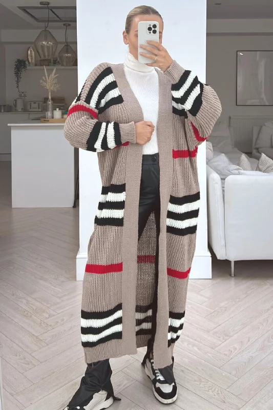 Hallie beige striped long knitted cardigan