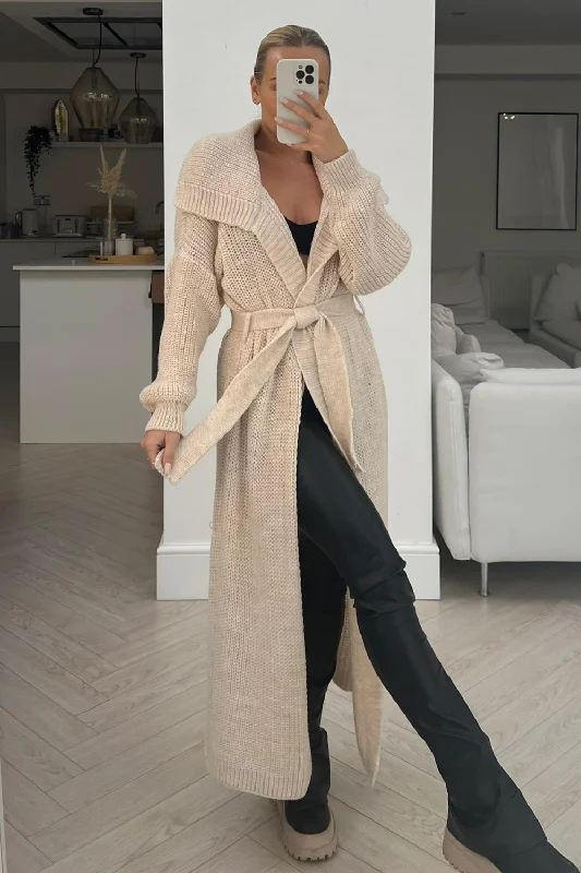 Jenn cream knitted long belted cardigan