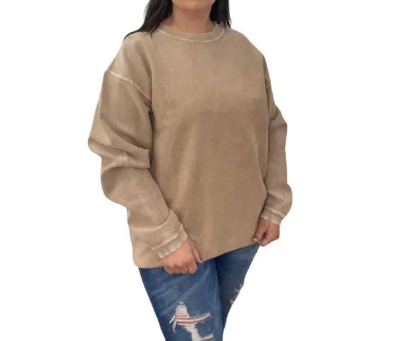 Linda Luxe Corded Crew Sweatshirt In Mocha