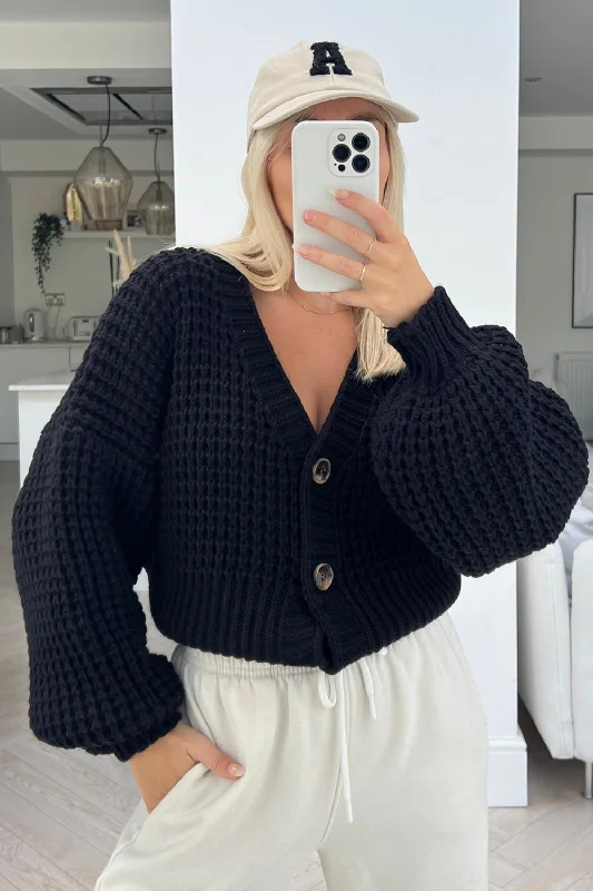 Lula black button up short knitted cardigan