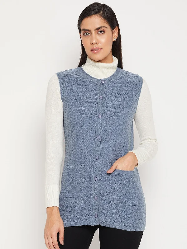 Madame Front Pocket Powder Blue Sleeveless Textured Cardigan