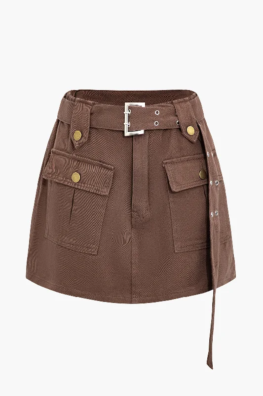 Belt Flap Pocket Denim Mini Skirt