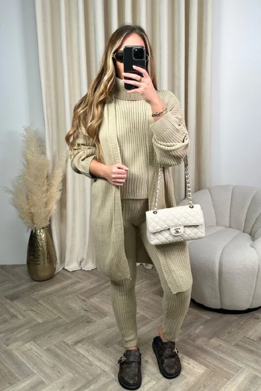 mila beige knitted 3 piece cardigan loungewear set