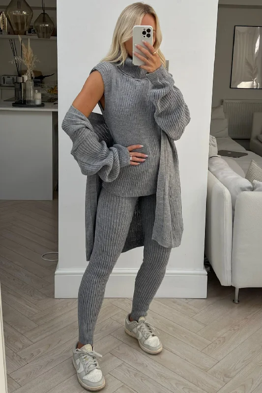 mila grey knitted 3 piece cardigan loungewear set