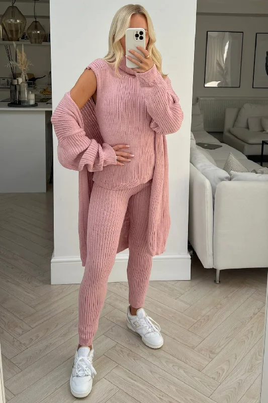 mila pink knitted 3 piece  cardigan loungewear set