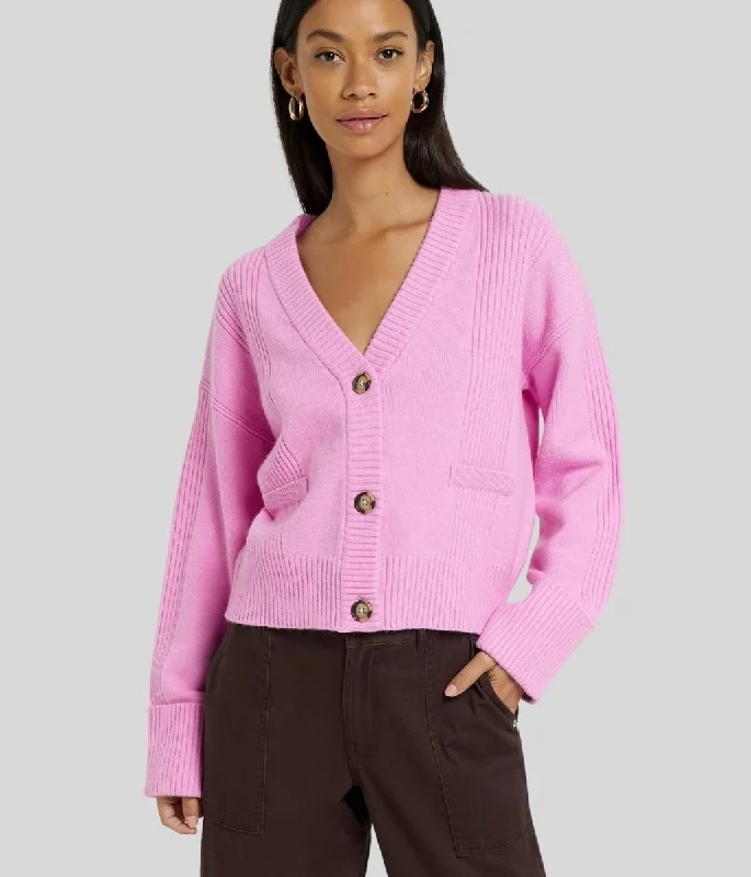 Pink Contrast Ribbed Cardigan