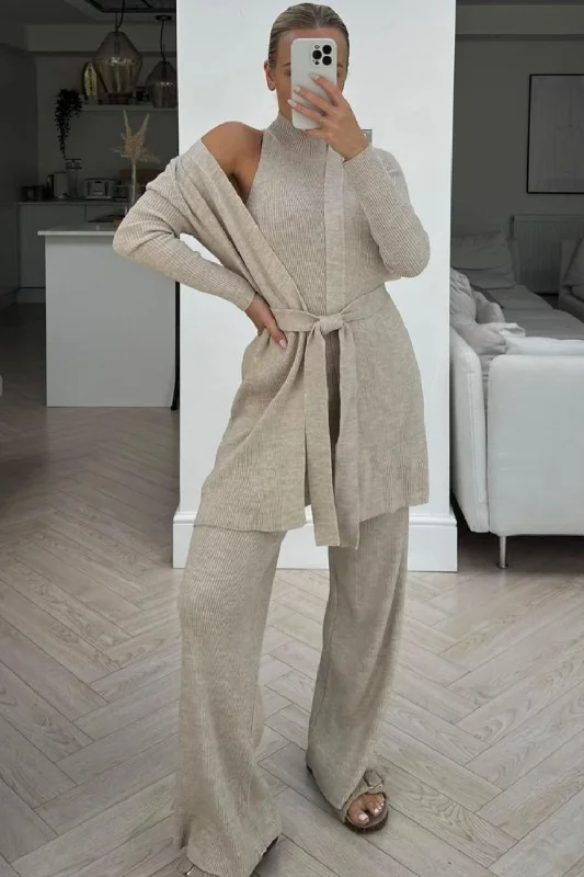 terri beige 3 piece knitted cardigan loungewear set