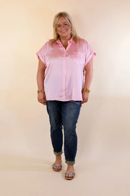 Free To Be Fab Button Up Short Sleeve Top in Light Pink