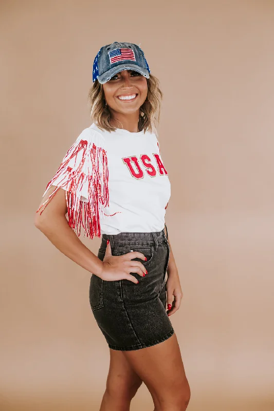 USA Spirited Fringe Top, White/Red