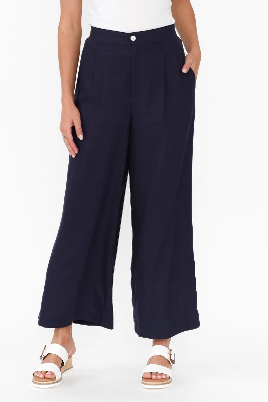 Aspen Navy Linen Blend Wide Leg Pants