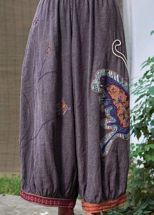 Boho Purple retro Embroideried Oriental lantern Casual Fall Pants Trousers