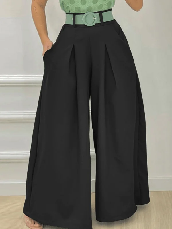 Daily Stylish Solid Wide Leg Loose Casual Side Pockets Pants for Women