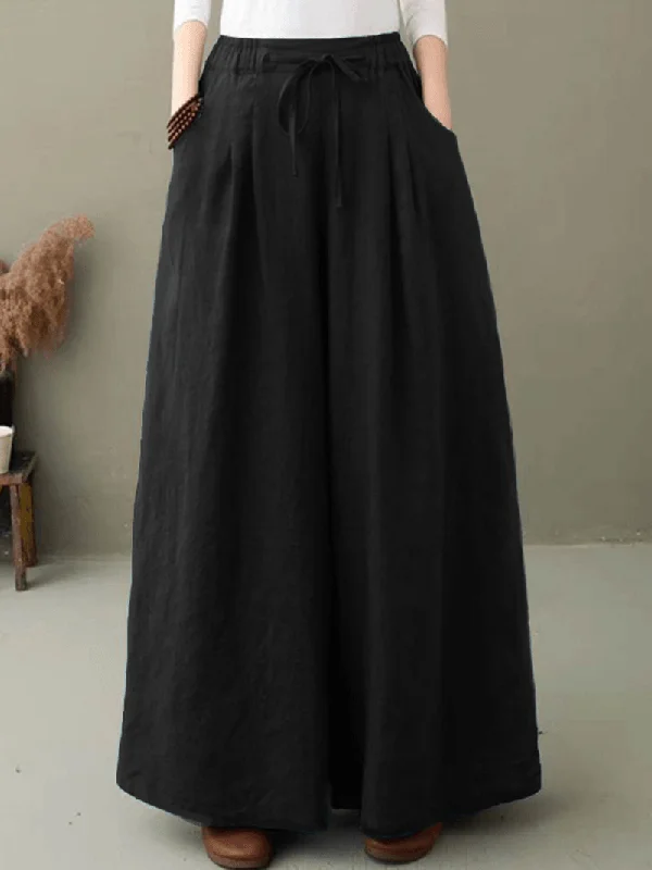 Women 100% Cotton Solid Color High Drawstring Waist Plain Casual Wide Leg Pants