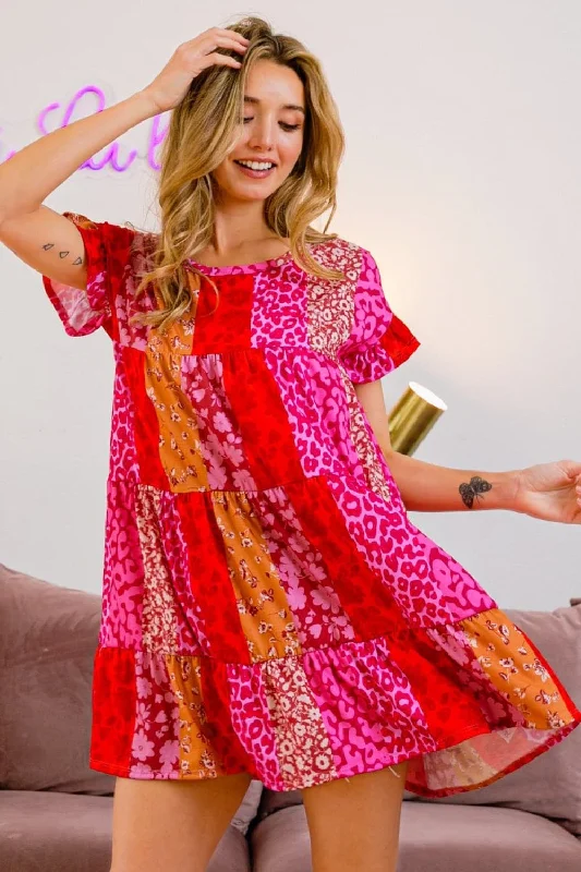 Get More, Spend Less – Shop Now!BiBi Leopard Short Sleeve Tiered Dress