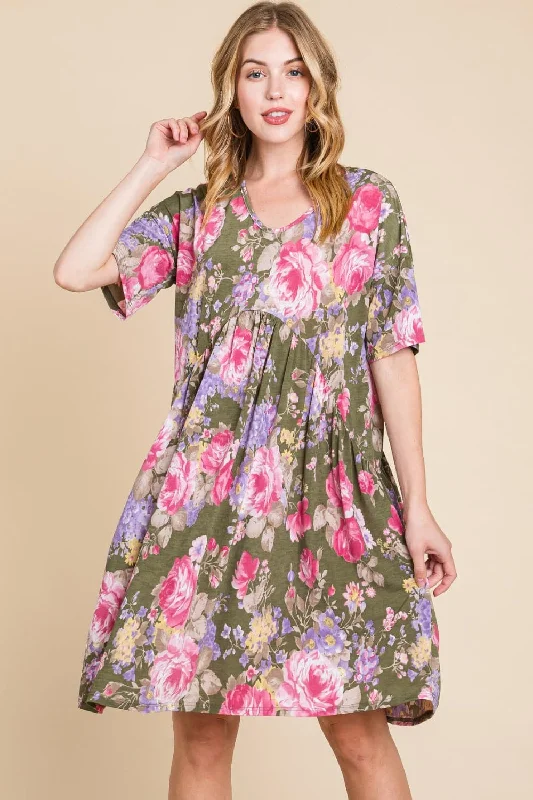 Seasonal Sale – Shop Now!BOMBOM Flower Print V-Neck Ruched Dress