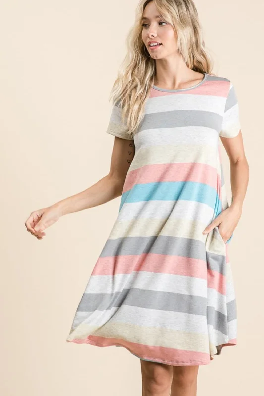 One Day Only – Huge Savings!BOMBOM Striped Short Sleeve Dress with Pockets