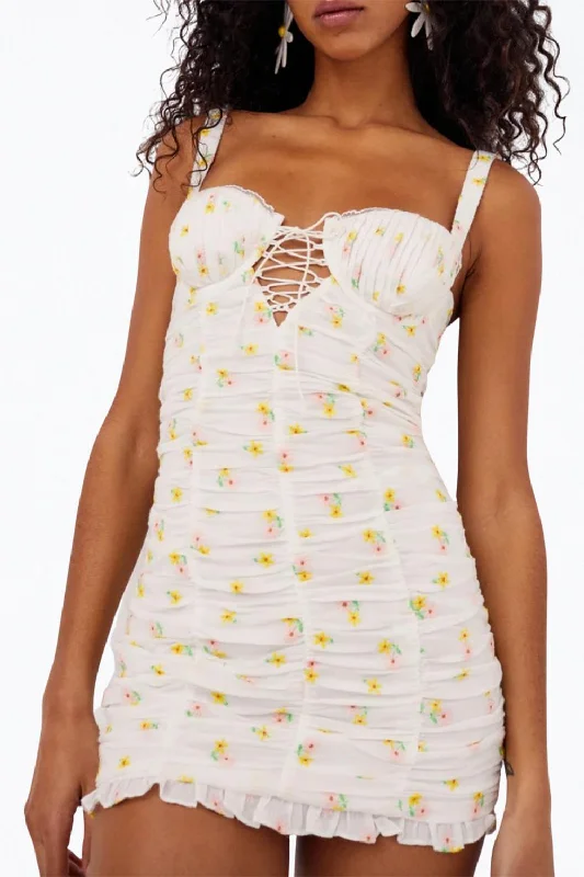 Find Your Perfect Deal Today!Celia Shirred Floral-Embroidered Lace-Up Open-Back Mini Dress In White Floral