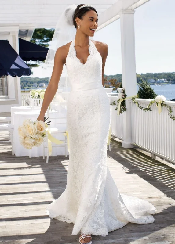 Shop Now and Save!David's Bridal All Over Beaded Lace Trumpet Halter Gown with Sash