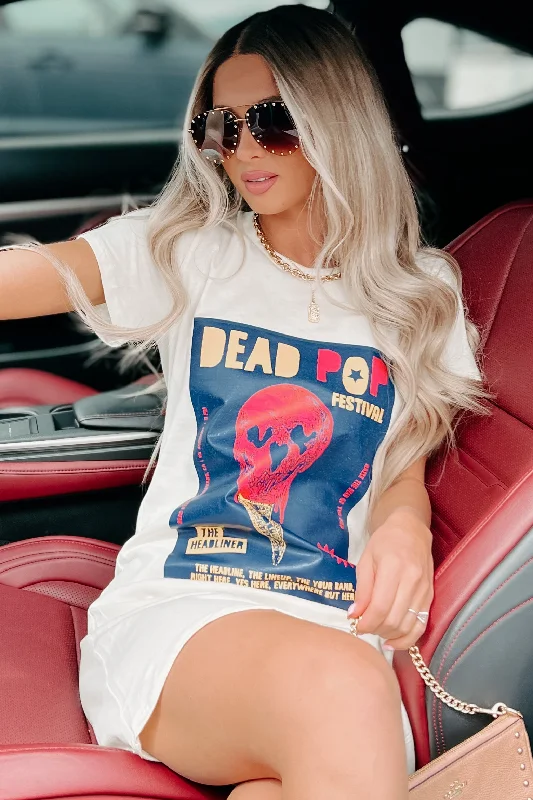 Your Favorite Items on Sale Now!"Dead Pop Festival" Skull Poster Graphic T-Shirt Dress (Cream) - Print On Demand