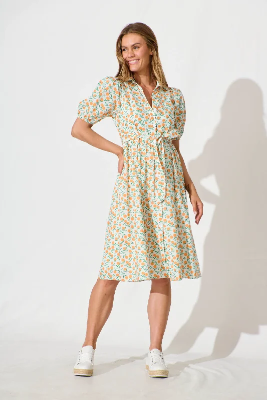 Special Discounts Inside!Delamere Midi Shirt Dress in White with Orange Print Cotton