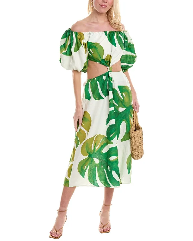 Amazing Prices You Can’t Resist!FARM Rio Monstera Cutout Waist Linen-Blend Midi Dress