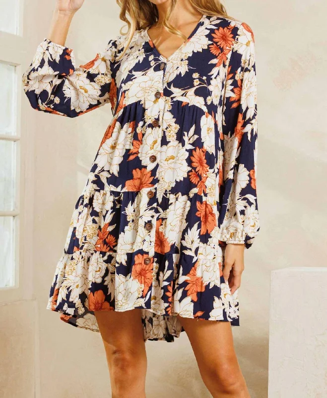 Best Price of the Season!Floral V-Neck Tiered Mini Dress In Navy