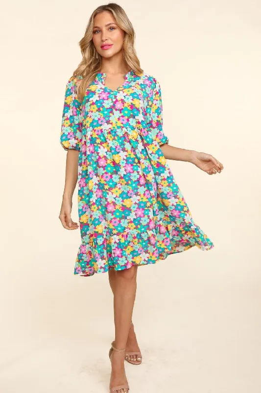 Save Up to 50% Off!Haptics Bubble Sleeve Floral Ruffled Dress