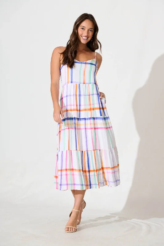 Limited Stock Available!Kavala Midi Sundress in White with Multi Check
