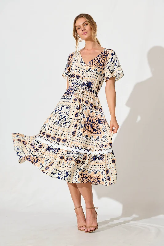 Must-Have Deals Inside!Laconia Dress in Cream and Navy Patchwork with Ric Rac Trim