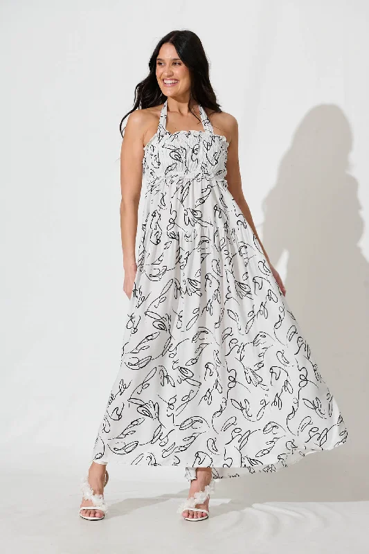 Steals and Deals Await!Luisa Maxi Sundress In White with Black Sketch Print