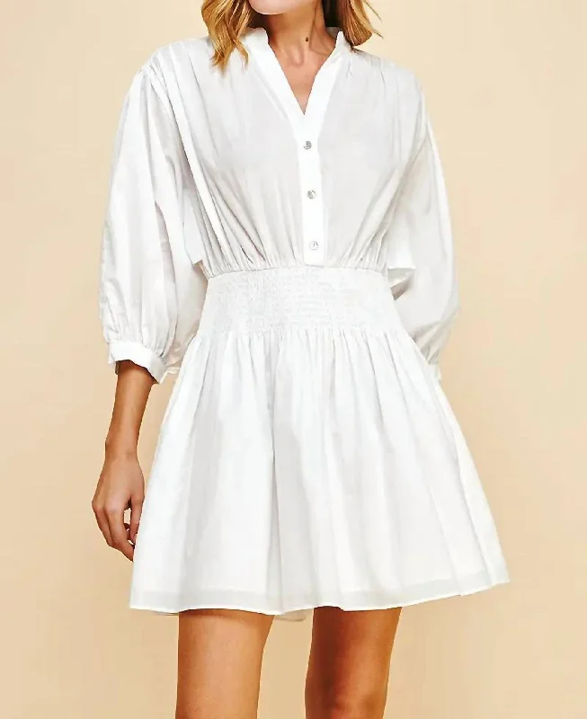 Limited-Time Price Drop!Molly Mandarin Collar Smocked Mini Dress In White