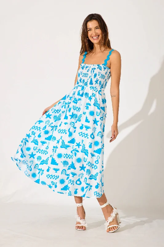 Don’t Wait – Deals Won’t Last!Mora Maxi Sundress In White Blue Ric Rac Trim Cotton Blend