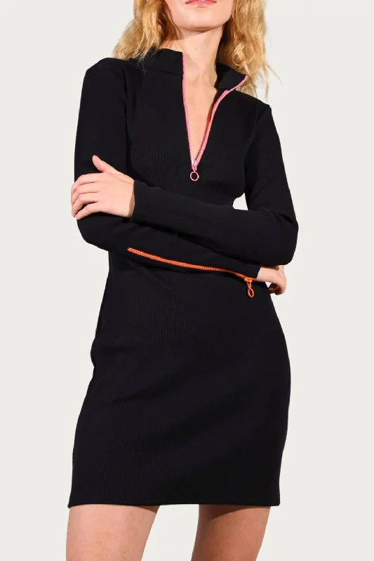 Your Shopping Spree Starts Here!Multicolor Zipper Ribbed-Knit Mock Neck Mini Dress In Black