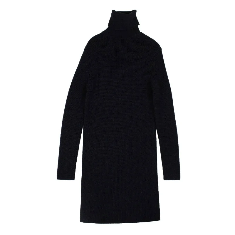 Buy More, Pay Less!Navy Blue Knit Turtleneck Midi Dress