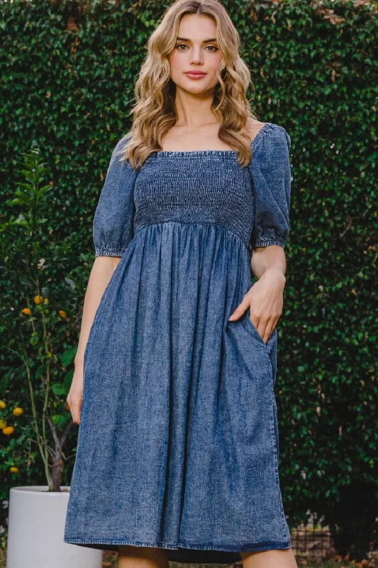 Limited Deals, Unlimited Savings!ODDI Full Size Washed Smocked Puff Sleeve Dress