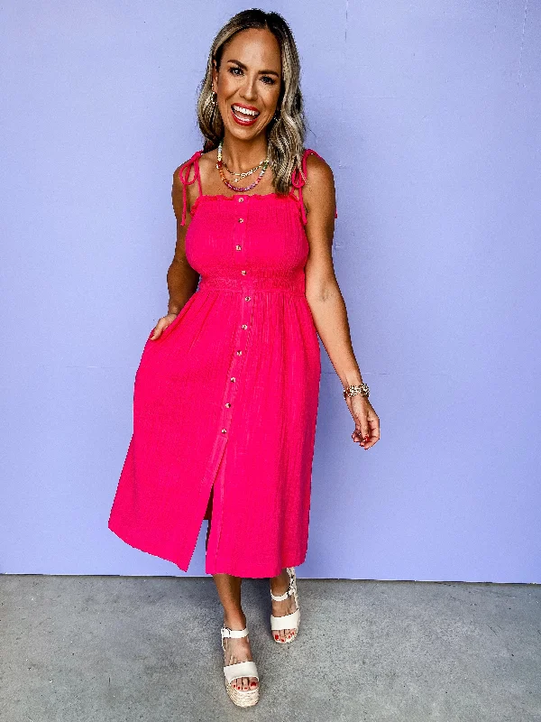 Get More, Spend Less – Shop Now!On My Own Shoulder Tie Dress-Fuchsia