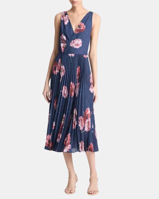 The Best Sale of the Year!PAINTED POPPY PLEATED DRAPED V-NECK DRESS IN MARINE NIGHT