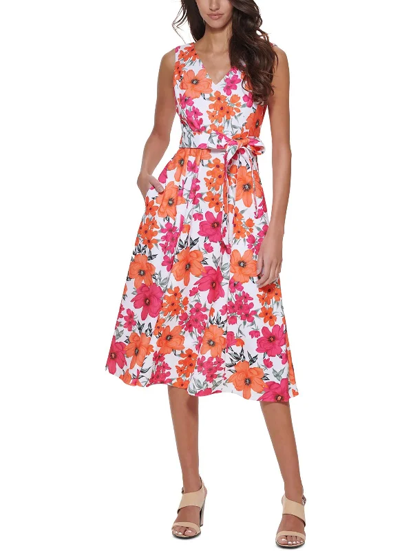 Upgrade for Less!Petites Womens Floral Print A-Line Midi Dress